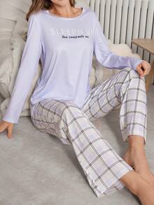 Bộ đồ ngủ in chữ và kẻ caro 2 món cho nữ - Nhiều màu - Xem 5