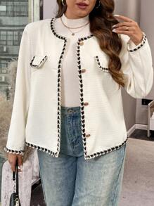 Flirla 大码优雅简约拼色修边夹克，秋季 - 杏色 - 查看 4