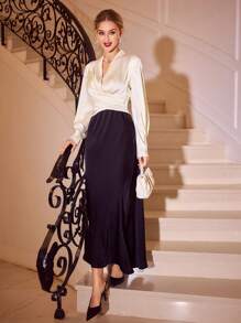 Vintamour Elegant Cream White Women Blouse Satin V-Neck Lantern Ruched Long Sleeve Tops For Dining,Autumn Winter Office,Christmas Thanksgiving Holiday Clothes - White - View 2