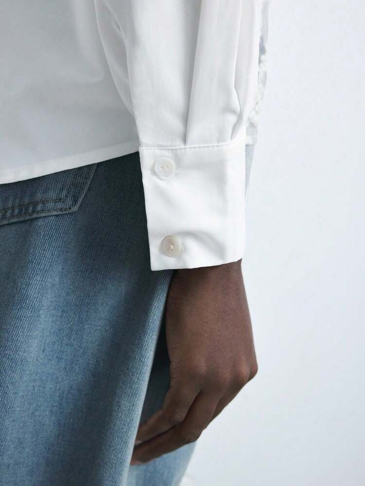 SHEIN Maija 秋冬新作 上品 都会的 モダンな レディース レースパッチワーク 白 織りシャツ、パーティーやフェスに適しています