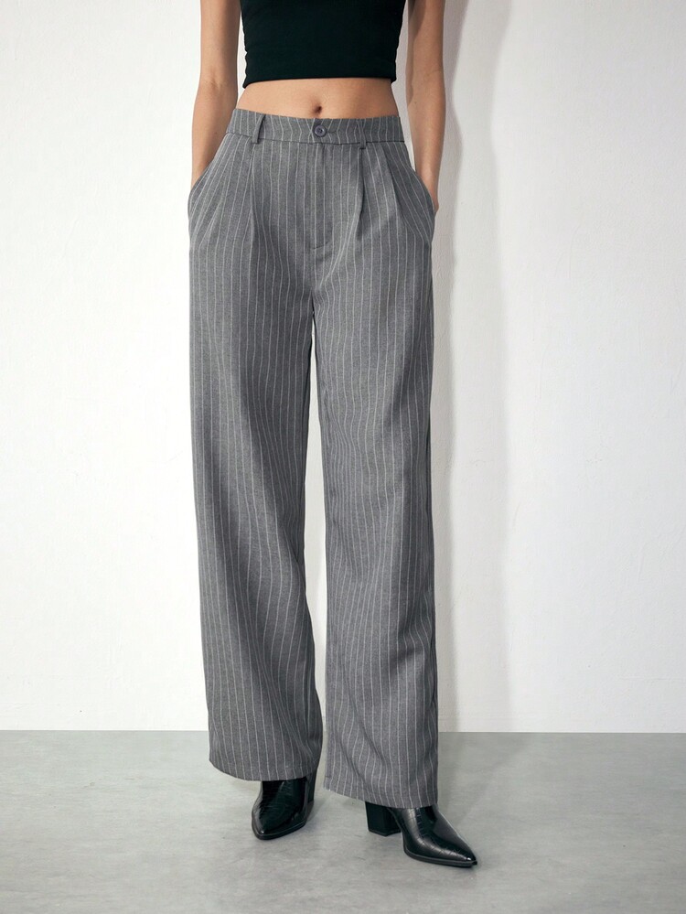 Maija 女士灰色条纹收腰弹力宽松阔腿休闲时尚裤，秋冬 - 灰色 - 查看 5