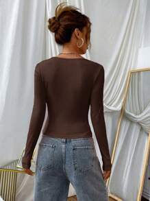SHEIN EZwear 1pc Women Square Collar Fitted Ribbed Long Sleeve Tee Shirt, Autumn