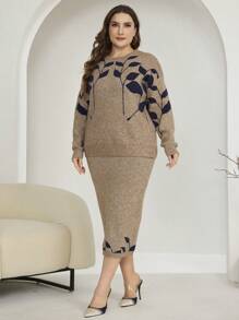 Mulvari Plus Size Women Colorblock Leaf Pattern Crew Neck Long Sleeve Sweater And Knitted Mini Skirt Casual Set 2 Pieces Set - Mocha Brown - View 3