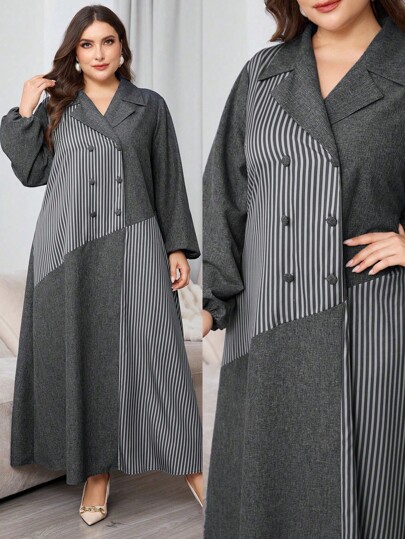 Al Najma Plus Size Bicolor Patchwork Striped Lapel Collar Casual Arabian Dress, Elegant Modest Long Sleeve Abaya Robe Arabian Dresses, For Work/Casual Daily/Evening Events
