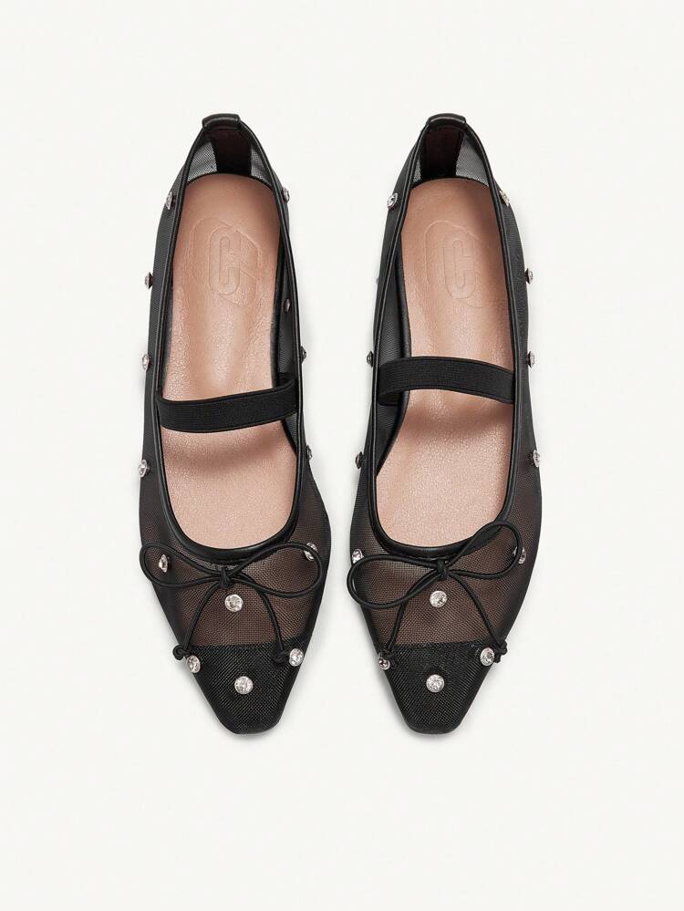 CUCCOO CHICEST 2026 Spring/Autumn New Bow Rhinestone Decor Solid Color Square Toe Casual Flat Shoes, Versatile