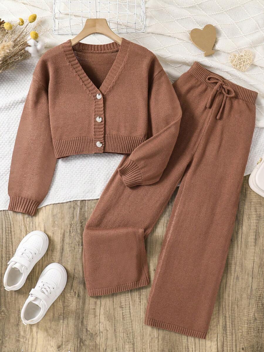 Sparklyn Conjunto de niñas preadolescentes de cárdigan de punto minimalista y pantalones de punto de otoño/invierno - Café integral - Ver 1