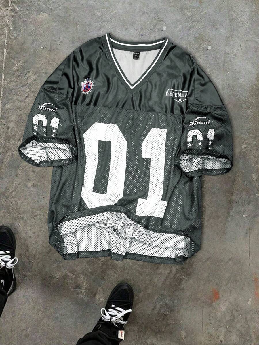 Aesthetic Post 大码男士网眼 V 领 T 恤、运动 T 恤 - 灰色 - 查看 1