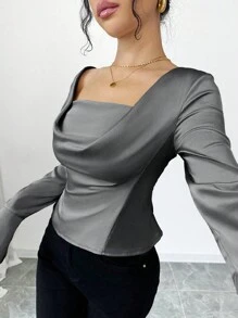 Elenzga Áo cánh tay dài ôm sát, xòe cổ tay thanh lịch, vai trễ - Xám - Xem 1