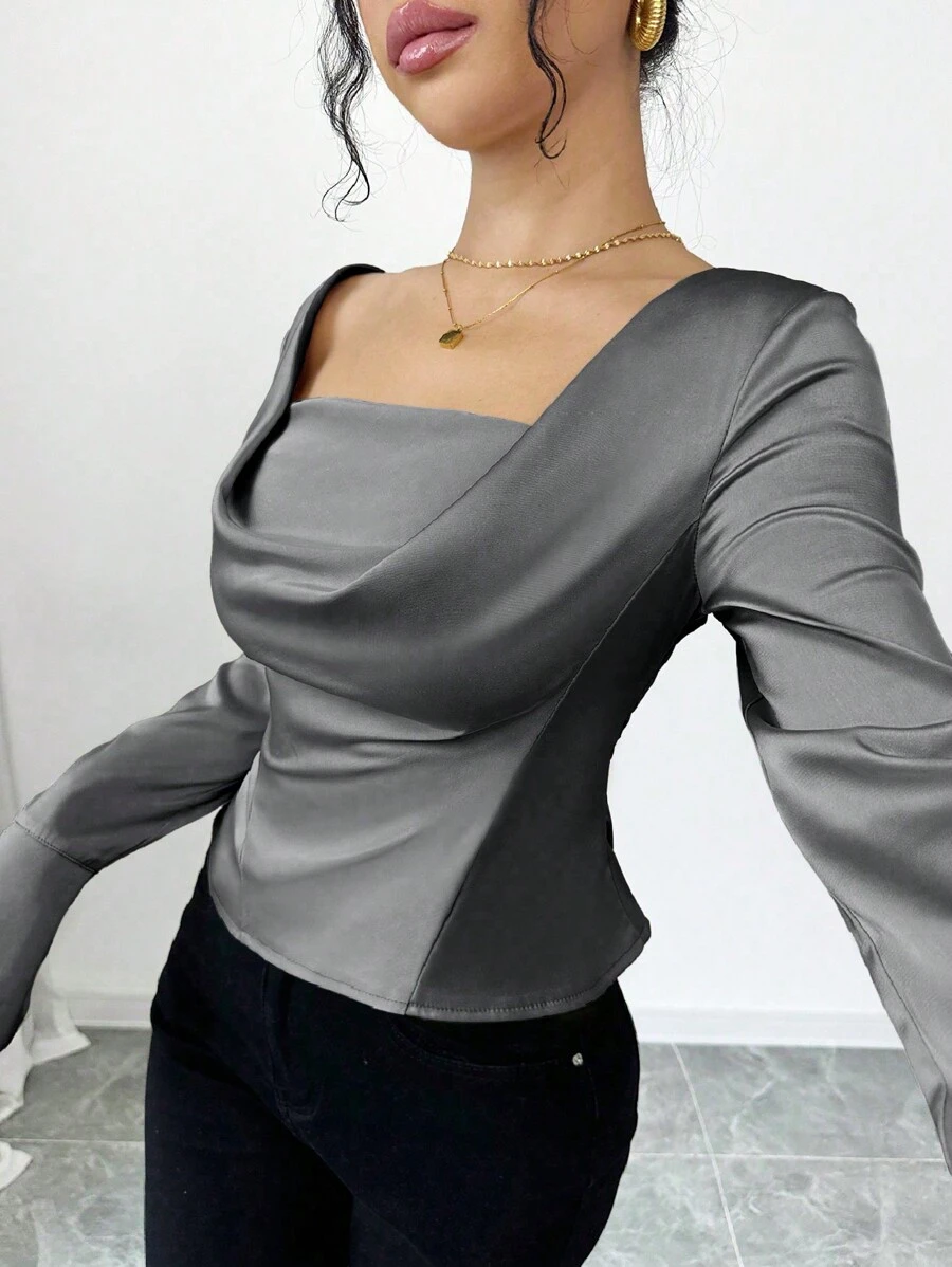 Elenzga Áo cánh tay dài ôm sát, xòe cổ tay thanh lịch, vai trễ - Xám - Xem 1