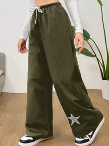 SHEIN Teen Girls Colorblock Star Five-Pointed Star Patch Colorblock Drawstring Pants, Lightweight Windbreaker Casual Street Chic Sporty Versatile Trousers - Army Green - View 4