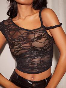 Hauture Women's Asymmetric Collar Contrast Lace Splice Sheer Sexy Top - Black - View 2
