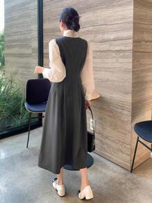 DAZY Đầm dài vừa phải không tay cổ tròn màu trơn cho nữ - Màu xám đen - Xem 2