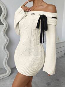 Chiquease 女士露肩长袖前系带短款针织毛衣裙，秋冬 - 杏色 - 查看 1