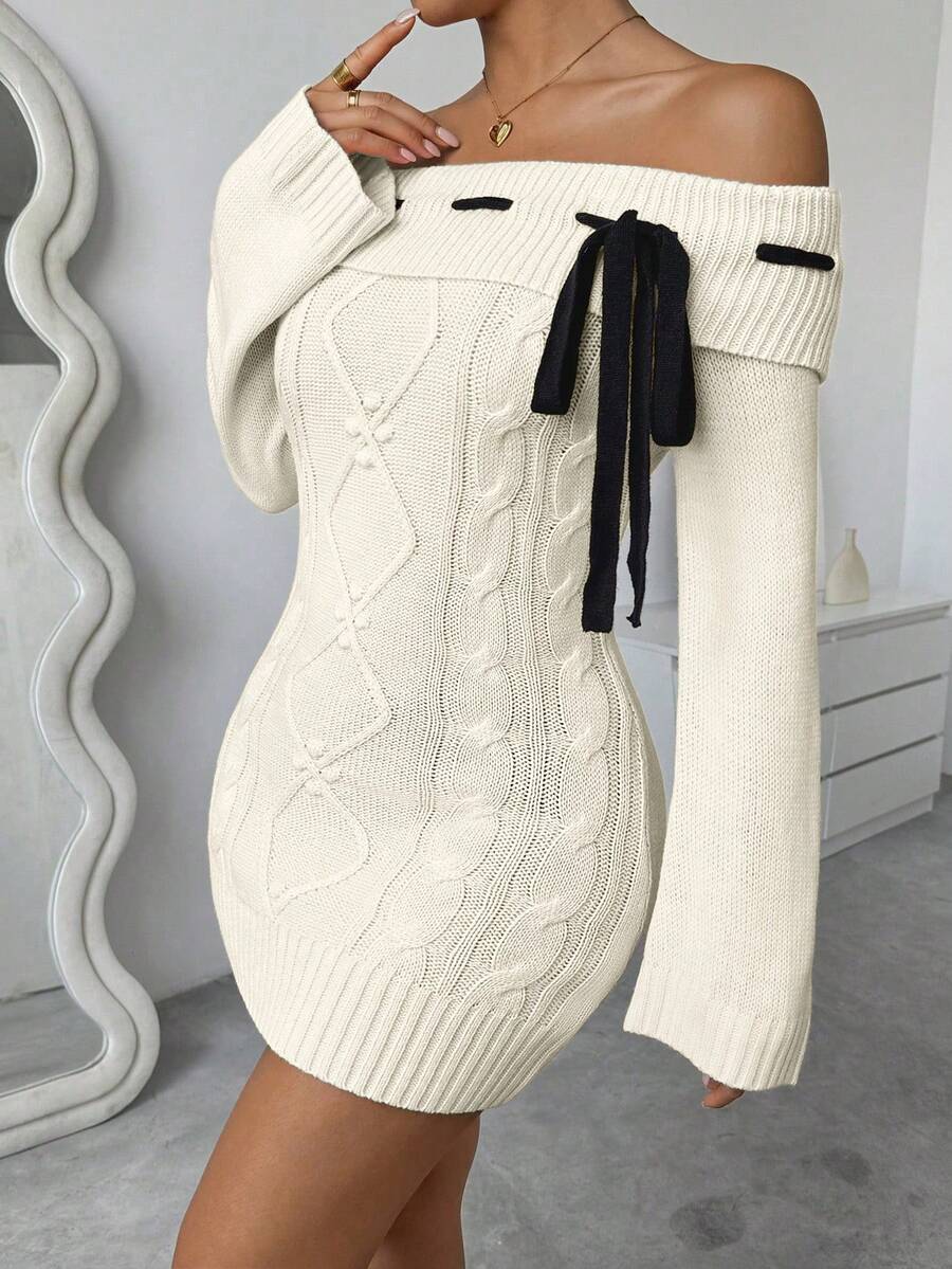 Chiquease 女士露肩长袖前系带短款针织毛衣裙，秋冬 - 杏色 - 查看 1