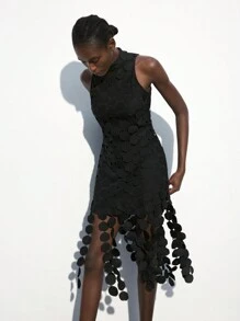 Maija 女式黑色特殊面料流苏装饰无袖圆下摆连衣裙，时尚都市设计，百搭春夏 - 黑色 - 查看 7