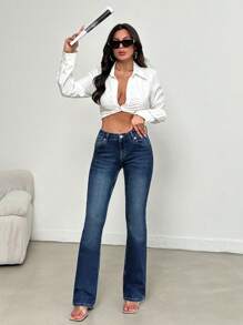 EURMUSE Fashionabla mångsidig snedficka 98% bomull tvättade Flare jeans - Mörktvätt - Visa 5