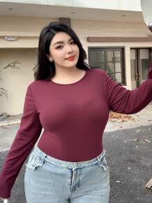 Dazy Plus Plus Size Solid Color Crew Neck Fitted Thermal Lined Long Sleeve T-Shirt Fall,Winter - Burgundy - View 3