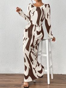 Chiquease Bộ 2 món: Áo tay dài cổ tròn và chân váy ôm eo chun, họa tiết xếp ly. - màu nâu - Xem 5