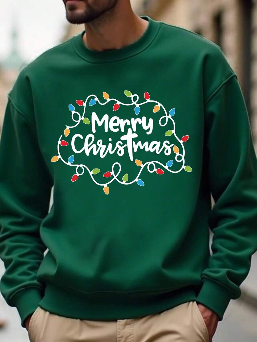 Christmas Men Casual "Merry Christmas" Colorful Light Stripe Letter Graphic Print Fleece Crew Neck Sweatshirt, Suitable For Christmas Family Party, Autumn/Winter - Dark Green - View 1