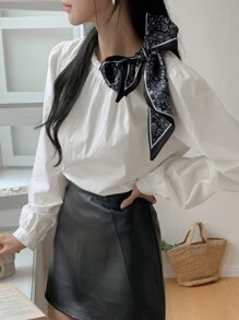 DAZY Ribbon Patchwork Loose Women Long Sleeve Blouse,Fall Clothes - White - View 9