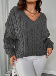 Celure Plus Size Dames Casual V-hals Kabel Gebreide Losse Trui, Geschikt Voor Herfst/Winter