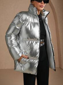 RueChic Silver, Shinny, Keep Warming Feature, Zip Up Puffer Winter Coat - Silver - View 4