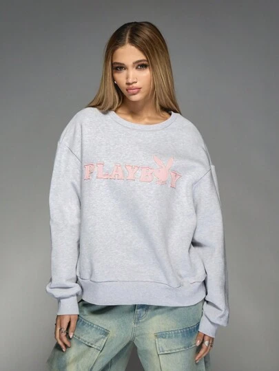 Missguided x Playboy 刺绣徽标圆领法式毛圈棉质运动衫舒适宽松套头衫秋冬家居服街头装运动休闲长袖