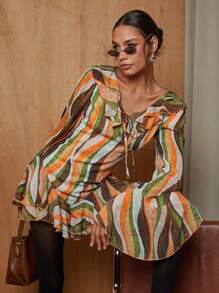COSMINA Women Casual Color Block Ruffle Flare Sleeve Jumpsuit, Autumn - Multicolor - View 6
