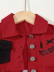 男婴笑脸印花柔软洗水做旧拼布牛仔装，街头风格 - 彩色 - 查看 3