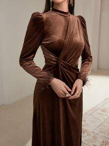 Veilorie Women's Solid Color Stand Collar Bubble Long Sleeve Waist Twist Long Elegant Arabian Dress Modest - Coffee Brown - View 2