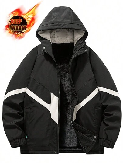 Manfinity Sport Corelite 男友风男士拉链前开撞色保暖连帽运动羽绒服，男士抓绒羽绒服，男士冬季新款时尚保暖外套，带口袋、拉链，面料舒适，适合日常生活、工作、旅行、跑步、休闲、办公室、健身、户外穿着。