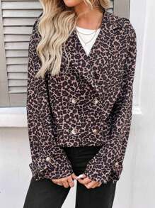 SHEIN LUNE Lässiger kurzer Trenchcoat für Damen im Militär-Stil mit Leopard Muster, geeignet für Flughafen, Büro, Lehrerin-Uniform im Winter - Braun - Übersicht 6