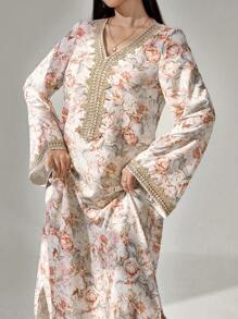 Al Najma Women's Floral Print, Crochet Patchwork, Long Sleeve Dress, Modest Elegant A Line Kaftan & Jalabiya Dress, For Evening Party/Wedding Guest/Anniversary/Daily Wear - Khaki - View 1