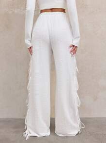 SHEIN SXY Women's Casual Solid Color Textured Bow Loose Wide Leg Pants,Going Out Bottoms, - White - View 3