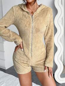 INAWLY Dames Casual Effen Kleur Fleece Capuchon Jumpsuit, Herfst/Winter