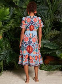 Travachic Floral Print Butterfly Sleeve Ruffle Hem Women Dress,Fall Women Dresses - Multicolor - View 2