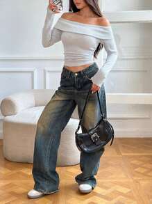 SHEIN EZwear Black Brushed Fabric Women's Solid Color Off Shoulder T-Shirt - Light Grey - View 6