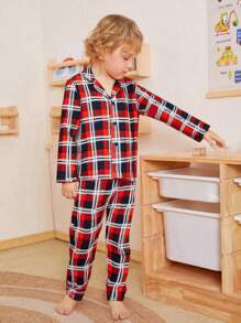 2 piezas Conjunto de pijama para niño pequeño, camiseta de manga larga con cuello de solapa e impresión de cuadros clásica y pantalones largos casuales, ropa de estar en casa de moda