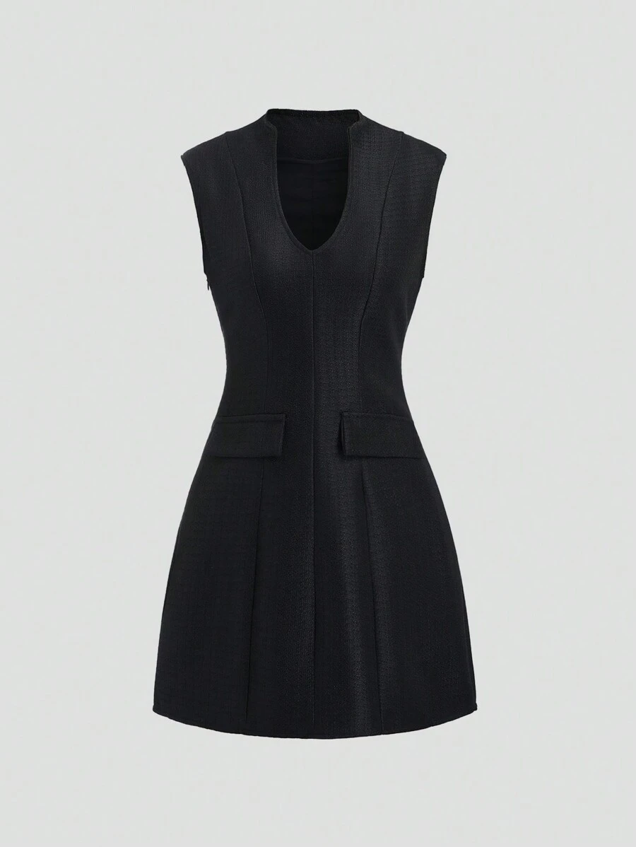 Sweetra Women Elegant Solid Color Sleeveless Mini Dress - Black - View 1