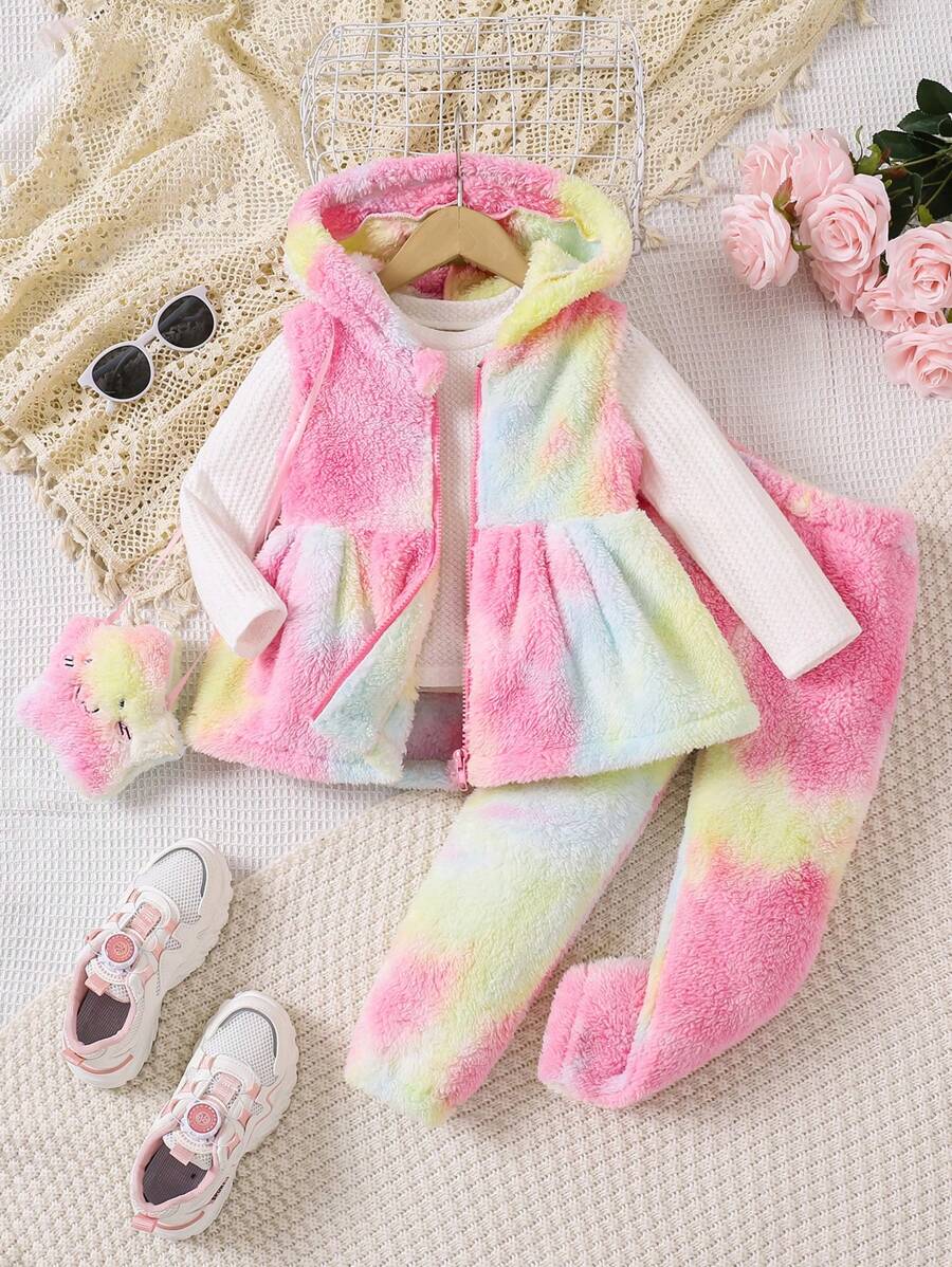 SHEIN 3pcs Set: Young Girls Fashionable Cropped Hooded Jacket, Ribbed Elastic Knitted T-Shirt, Plush Star Embroidery Fuzzy Backpack. Suitable For Birthday Gift, New Year's Gift, Christmas, Party, Daily Wear, Summer, Autumn, Spring - Multicolor - View 1