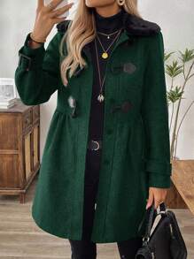 SHEIN LUNE 1 件女士休闲牛角扣大衣秋季日常外套 - 墨綠色 - 查看 1