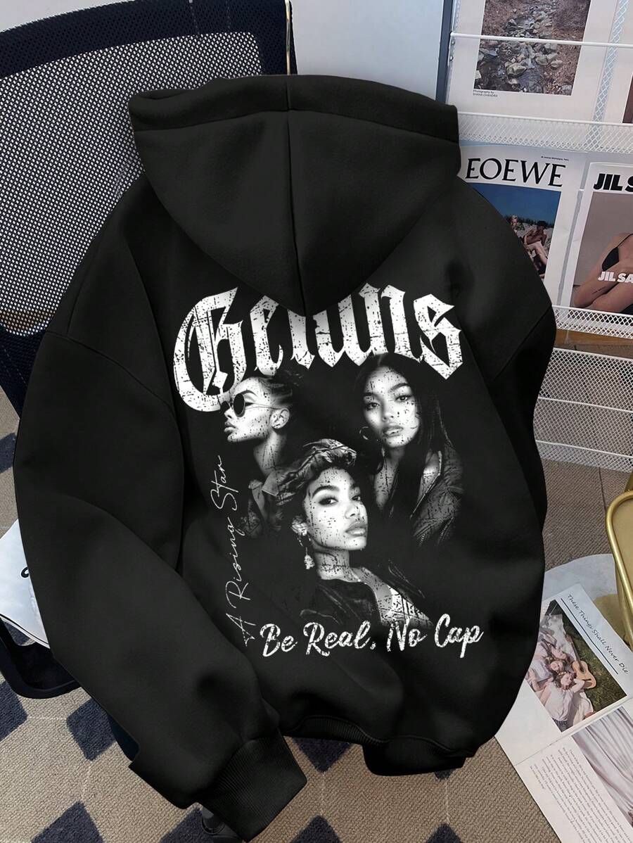 SHEIN 少女休闲简约个性化黑白女性肖像图案超大连帽卫衣，适合秋冬季 - 黑色 - 查看 1