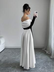 Firerie Women Elegant Sexy Off-Shoulder Color Block Evening Long Sleeve Dress, Black And White Bodycon Dress,Princess Tight Long Dress For Party & Gathering, Christmas Party Women Dress,New Year Eve Dress,Autumn/Winter