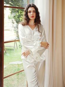 Côtesoire Ladies' Solid Color Ruffle Hem Sleepwear Pajama Set With Decorative Trim, White Set Holiday Season, Fall Winter Clothes - White - View 6
