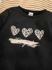 SHEIN Bộ 2 món áo nỉ dài tay in họa tiết hoạt hình cho bé gái và quần cạp chun họa tiết da báo, Thu/Đông - màu đen - Xem 5