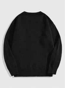 ROMWE MEN Prep 男士字母星星提花针织套头衫，秋冬街头时尚 - 黑色 - 查看 2