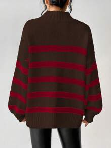 SHEIN Unity Women Casual Colorblock Striped Pattern Loose Fit Turtleneck Pullover Sweater, Autumn/Winter Knit Pullover Fall - Brown - View 2