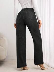 SHEIN LUNE 女士纯色前扣直筒牛仔裤 - 藍色 - 查看 2