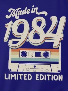 SHEIN LUNE Băng Cassette & "1984" In kỹ thuật số Áo thun tay ngắn thời trang thoải mái tối giản cho nữ - Màu xanh lam - Xem 5