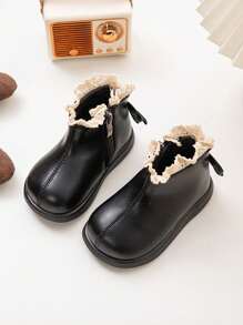 1 đôi giày bốt da ấm áp có đệm cho trẻ sơ sinh/trẻ mới biết đi, giày mùa đông đế mềm chống trượt cổ thấp thông thường - màu đen - Xem 3